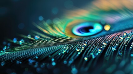 Poster - Vibrant Close-Up of a Peacock Feather with Water Droplets