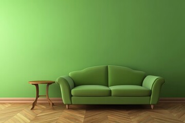 Sticker - Modern Green Living Room Interior with Wooden Furniture and Stylish Decor