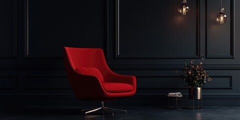 Wall Mural - Modern Red Armchair in Dark-Toned Room with Black Wall Background