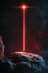 Poster - red laser beam with dynamic lens flare and glowing particles on a dark background for technology and