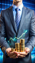 investment and finance concept, businessman holding virtual trading graph and blurred coins on hand,