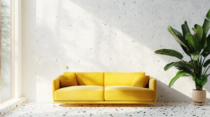 Poster - Modern Living Room Interior with Yellow Sofa, Plant, and Terrazzo Flooring