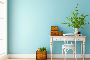 A serene minimalist workspace featuring a white vintage desk, ornamental plants in a vase, and rustic wooden boxes, set against a calming blue wall for tranquility.