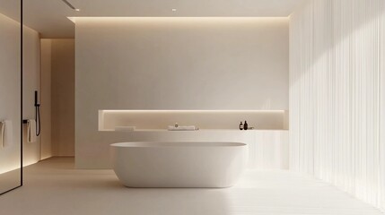 Minimalist bathroom with a freestanding bathtub in the center, white walls, clean lines, soft natural lighting, neutral tones, sleek and modern design