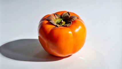 Wall Mural - A single ripe persimmon fruit on a white surface with a shadow.