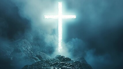 Poster - Glowing cross on rocky mountain with foggy atmosphere