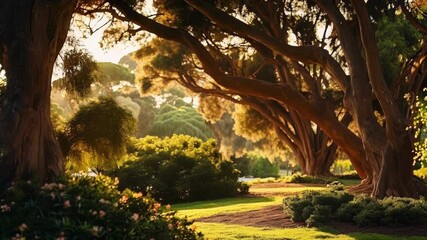 Wall Mural - sunlight illuminating lush green foliage in a tranquil park, casting long shadows from majestic tree