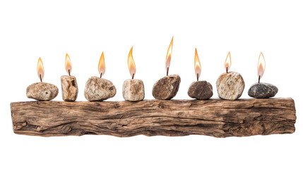 Rustic stone and wood menorah with natural rock candle holders isolated on transparent background, earthy Hanukkah deco