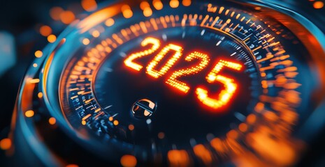 Poster - Futuristic speedometer display highlighting the year 2025 with neon red and blue light effects