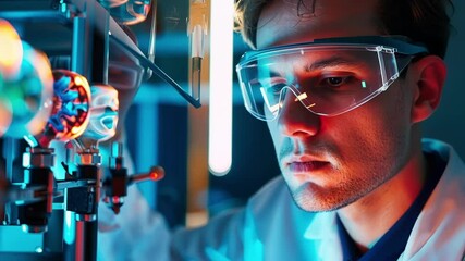 Poster - scientist in safety glasses conducts research in a futuristic lab, exploring neurotechnology with ad