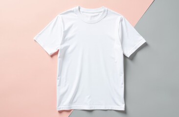 Plain white T-shirt on a pastel background in flat lay 
Fashion apparel template, mockup design, minimalist clothing mockup