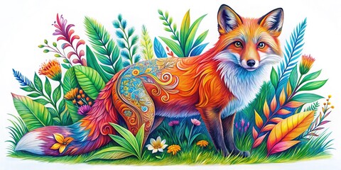  Charming Hand-Drawn Fox Illustration with Vibrant Colors and Whimsical Design for Creative Projects