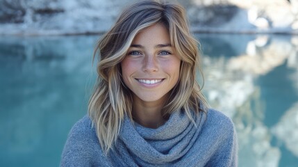 Close-up portrait of a woman with a scarf, smiling in a natural landscape by the water