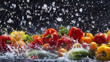 Aufkleber - A bunch of vegetables are falling into a pool of water