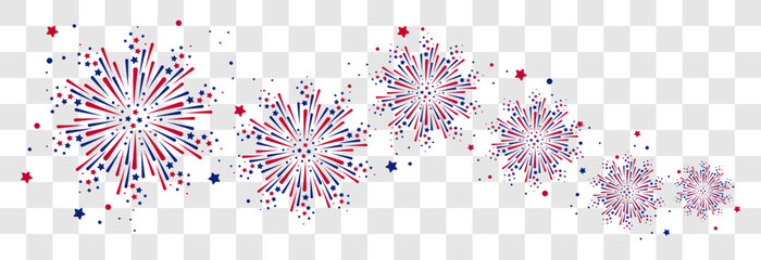 Wall Mural - Exploding  Fireworks . Set of USA fireworks with a red and blue stars and sparks . United states of america independence day fireworks. Red, blue fireworks for 4th of July .