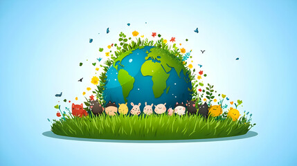Cute Cartoon Animals Surrounding a Green and Blue Earth Illustration with Flowers, Grass and Butterflies