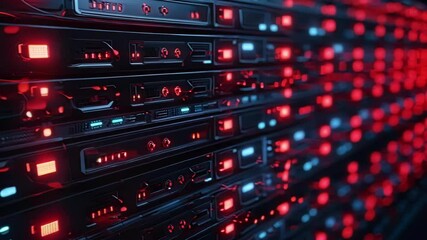 Poster - Servers in a dimly lit data center blink red and blue lights, processing high volumes of information in a captivating scene of cutting edge technology