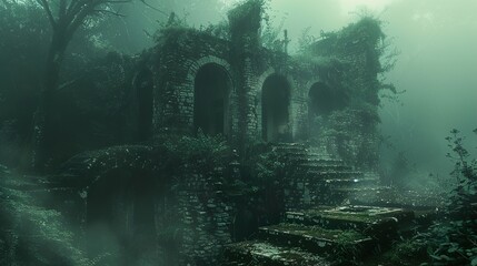 Canvas Print - Overgrown Ruins in a Foggy Forest - A Glimpse into the Past