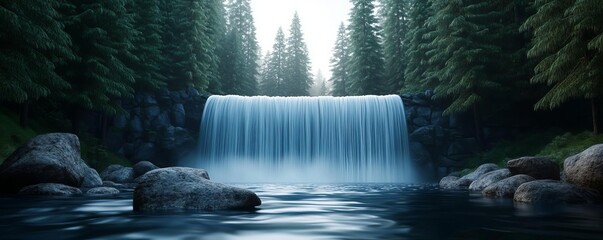 Waterfall surrounded by towering pines, water rushing over rocks, 3D illustration