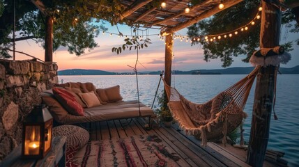 Poster - A wooden deck with a hammock and a small table with a candle on it