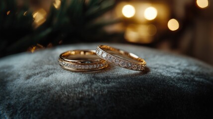 A close-up of two elegant wedding rings resting on a velvet cushion, with soft lighting highlighting the delicate details and diamonds, creating a romantic atmosphere.