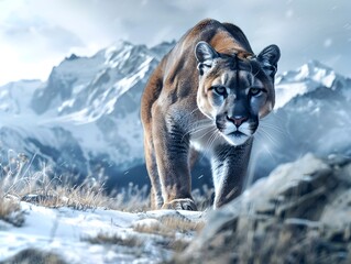 Wall Mural - Powerful Mountain Lion Ready to Pounce Amid Snowy Peaks