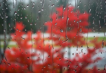 Poster - A cozy yet moody image of raindrops streaming down a window, behind which lie blurry autumn trees in shades of red and orange.