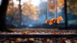 © Pinklife - A lonely wooden swing seat partially buried under a carpet of vibrant autumn leaves, against a misty, atmospheric backdrop of a quiet woodland setting.