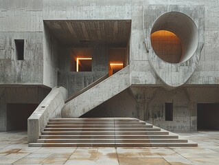 Poster - Modern Concrete Architecture: Geometric Staircase and Circular Window