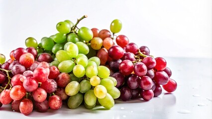 Wall Mural - Three bunches of grapes in red, green, and pink colors, sitting on a white surface with water drops.