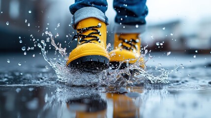 Child's feet splash in a shimmering puddle while wearing cheerful yellow boots, capturing the carefree spirit and excitement of rainy day outdoor play.