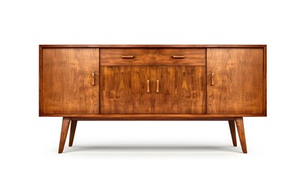 Poster - Vintage Midcentury Modern Sideboard with Tapered Legs and Sliding Doors in Rich Wood Tones on White Background