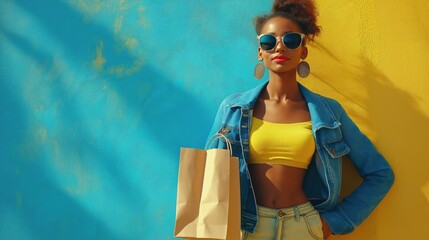 A fashionable woman poses confidently in a denim jacket, sunglasses, and a crop top, holding a shopping bag against a bright blue and yellow background