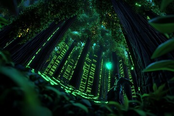 Poster - A magical forest where trees hold encrypted data, with a thief unlocking the secrets, representing data theft in a fantastical, enchanted world