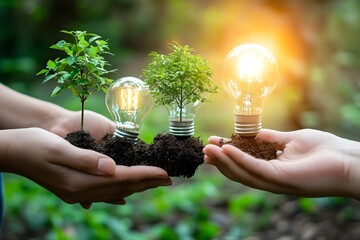  People hand holding energy saving light bulbs and small trees planted in light bulbs energy saving and environmental concept.