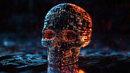 Binary code skull against a dark background