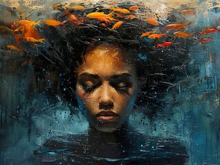 Wall Mural - Woman Submerged in a Sea of Goldfish: A Surreal Portrait