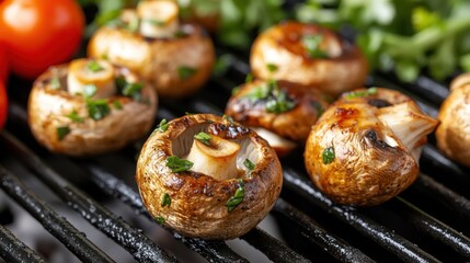 Grilled mushrooms with rich herbs are roasting to a delectable finish on an open grill, with colorful produce like tomatoes perfectly framing the culinary scene.