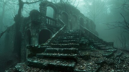 Canvas Print - Mysterious Stone Ruins in a Foggy Forest