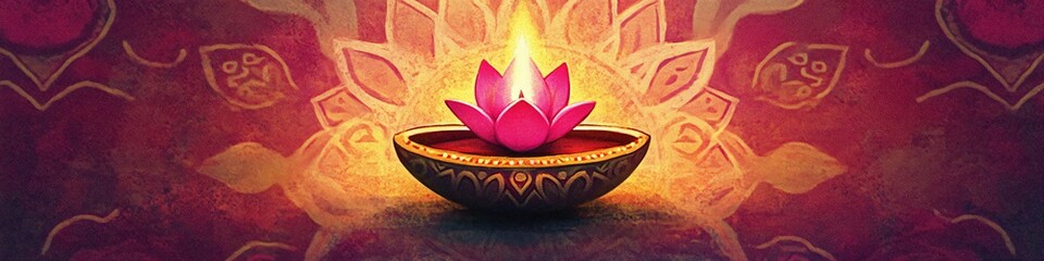 Lit diya traditional oil lamp on abstract pink background with gold mandala pattern. Deepavali, Diwali. Hindu festival of lights. Loy Krathong. Template with copy space for Indian holidays