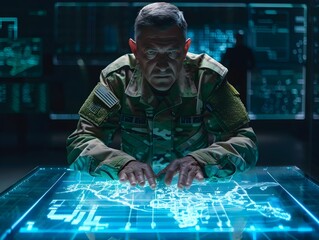 Poster - Military Commander Planning Mission Using Holographic Battlefield Interface Displaying Troop Movements and Strategies