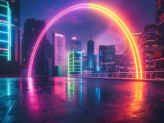 Neon Rainbow Arch Over Glowing Cityscape in Surreal Nighttime Landscape