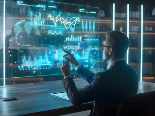 Poster - Business Executive Interacting with Holographic Data Visualizations During Virtual Meeting