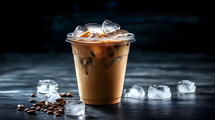 Poster - Iced coffee in a plastic cup with ice cubes on background for cafe menu design, iced coffee, cold beverage