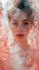 Poster - Dreamy Portrait of a Woman with Freckles and Flowers