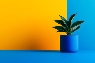 Wall Mural - Vibrant green plant in a blue pot against a blue and yellow backdrop, ideal for minimalist concepts, copy space