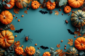 Wall Mural - halloween composition with pumpkins, bats and spiders