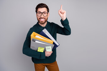 Poster - Photo of handsome hardoworking man financier wear stylish clothes hold document isolated on gray color background