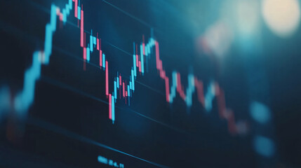 Macro close-up of a stock market investment trading chart displayed in blue, analyzing data with candlestick graphs