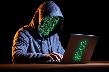 Aufkleber - A person in a hoodie working on a laptop, with glowing green code streaming across the screen, symbolizing the anonymity of data thieves